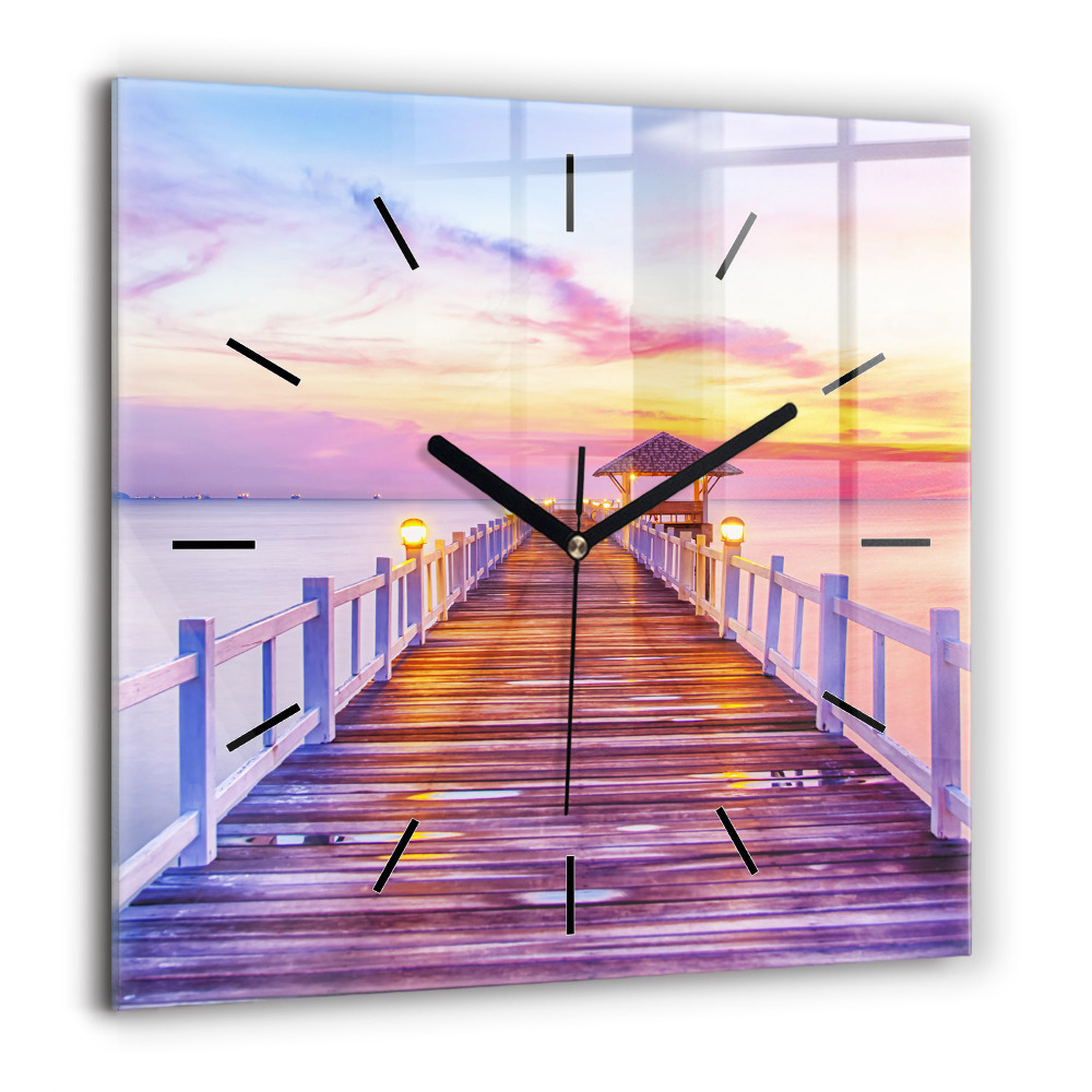 Pendule carrée en verre 60x60 cm Pont dans le port le soir