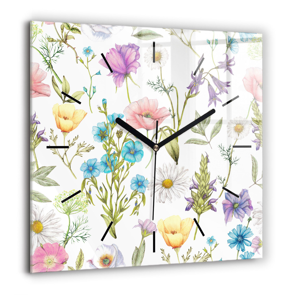 Pendule carrée en verre 60x60 cm Composition de fleurs