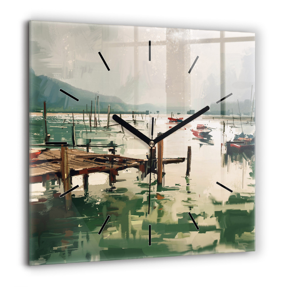 Pendule carrée en verre 60x60 cm Bateaux de pêche dans le port