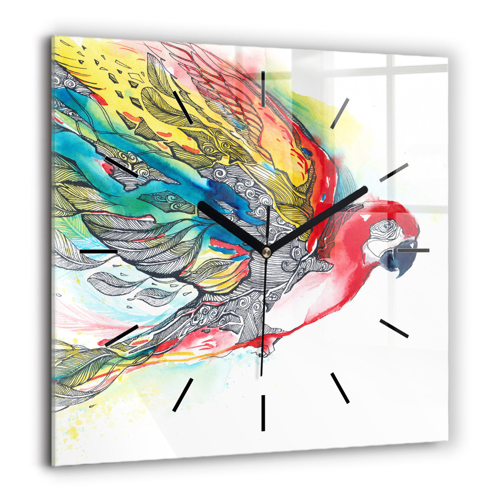 Horloge murale carrée 60x60 cm Perroquet coloré en vol