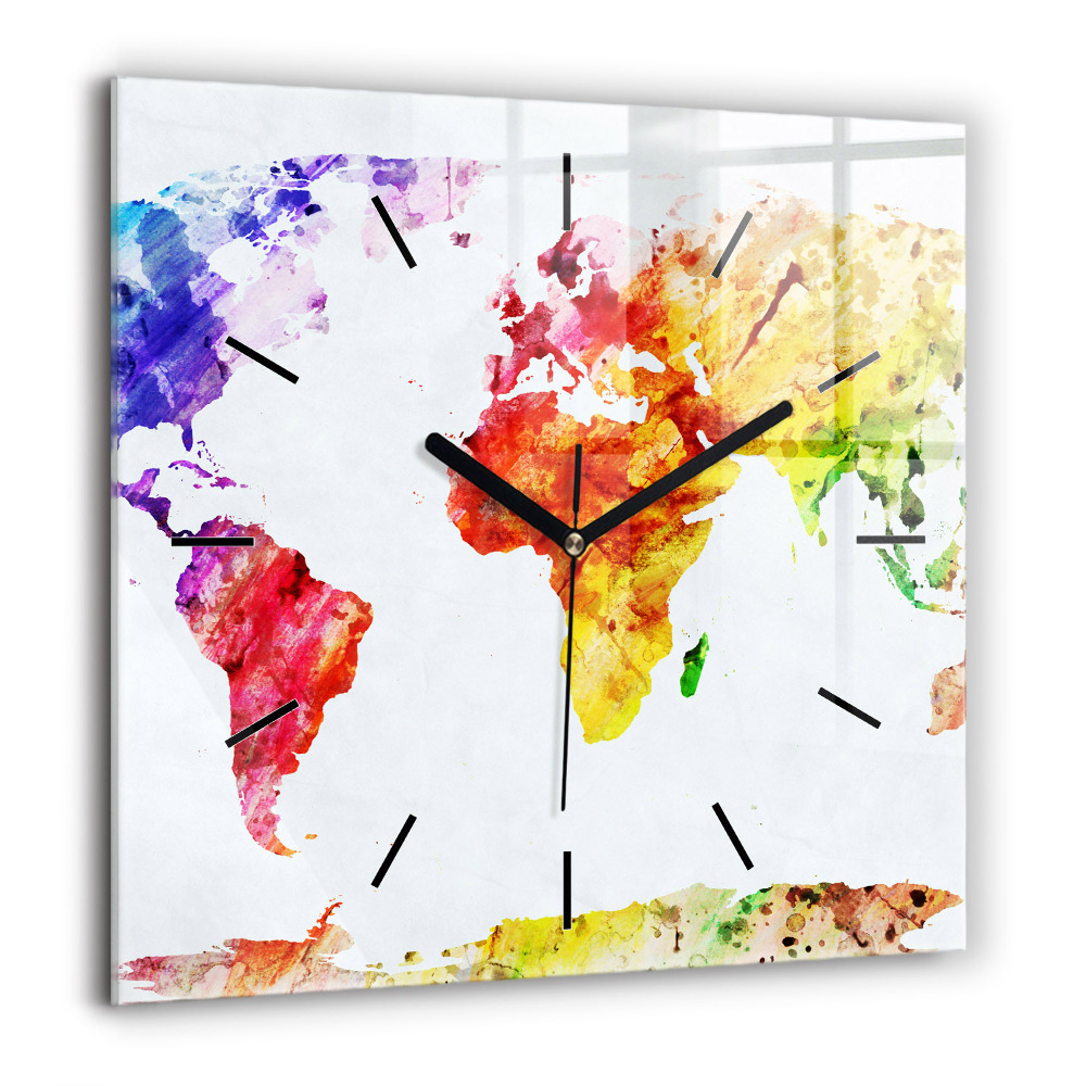 Pendule carrée en verre 60x60 cm Carte du monde à l'aquarelle