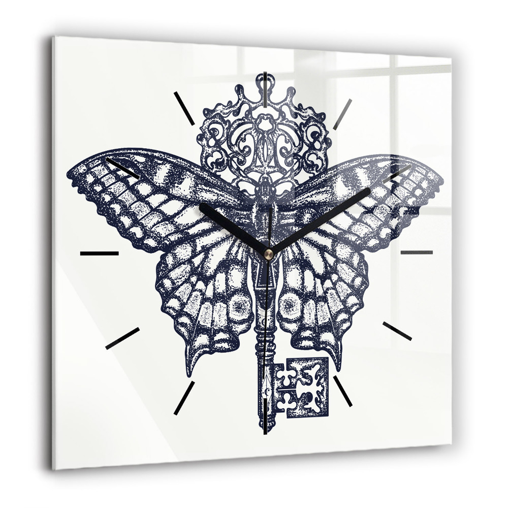 Pendule carrée en verre 60x60 cm Papillon et clé - style boho