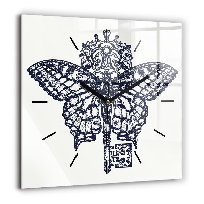 Pendule carrée en verre 60x60 cm Papillon et clé - style boho