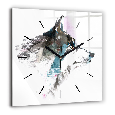 Pendule carrée en verre 60x60 cm Profil d'un loup peint
