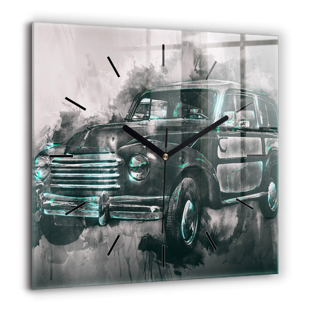 Horloge carrée en verre 60x60 cm Voiture ancienne