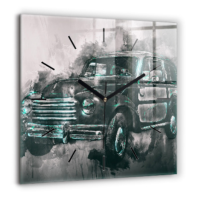 Horloge carrée en verre 60x60 cm Voiture ancienne