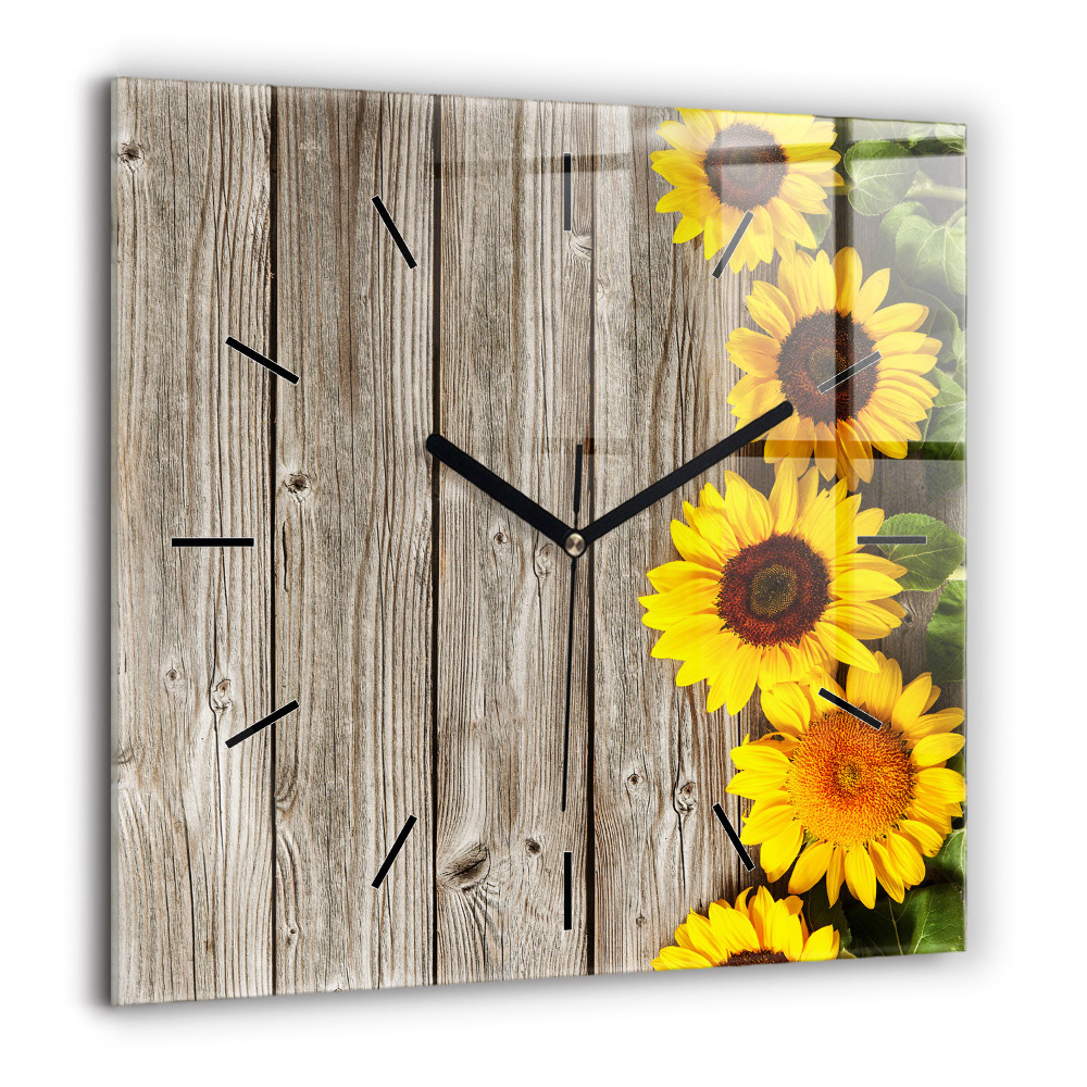 Horloge carrée en verre 60x60 cm Tournesols sur planches