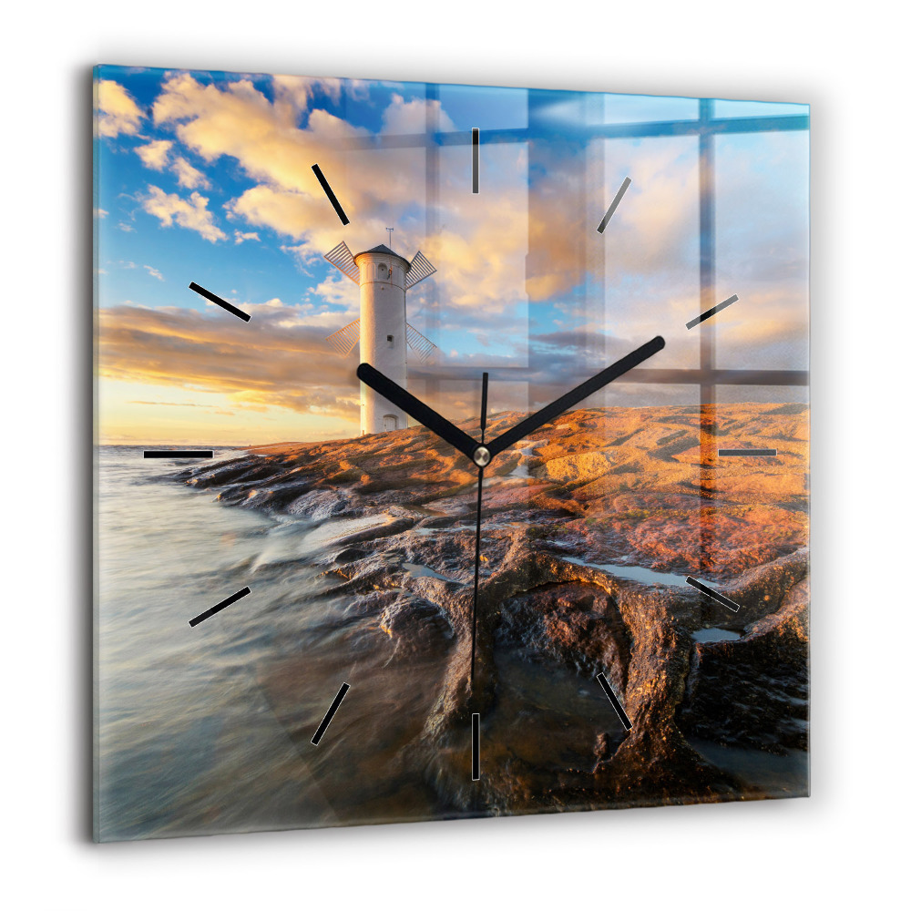 Horloge murale carrée 60x60 cm Phare et mer Baltique