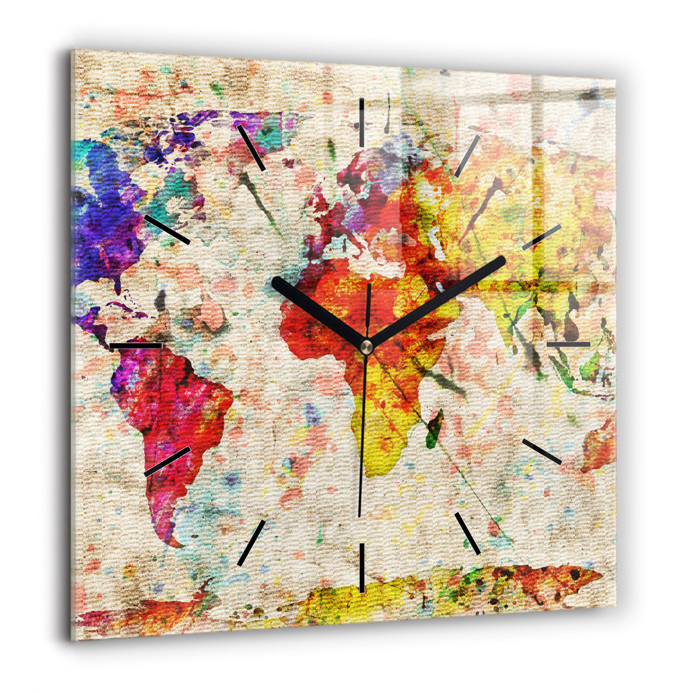 Horloge murale carrée 60x60 cm Carte du monde en couleur
