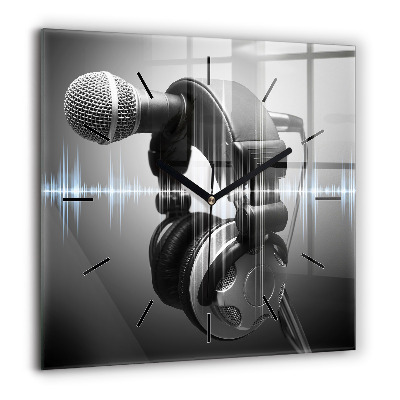 Horloge carrée en verre 60x60 cm Microphone et écouteurs