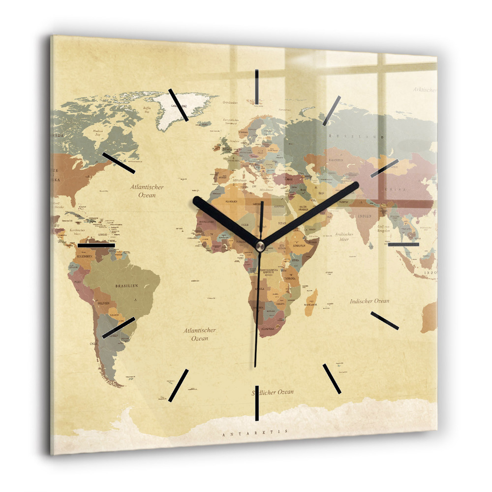 Pendule carrée en verre 60x60 cm Carte du monde style vintage