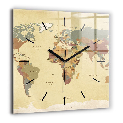 Pendule carrée en verre 60x60 cm Carte du monde style vintage