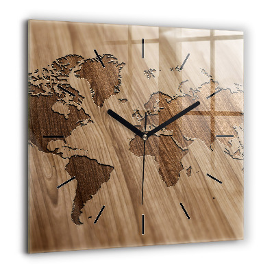 Horloge carrée en verre 60x60 cm Carte du monde sur bois