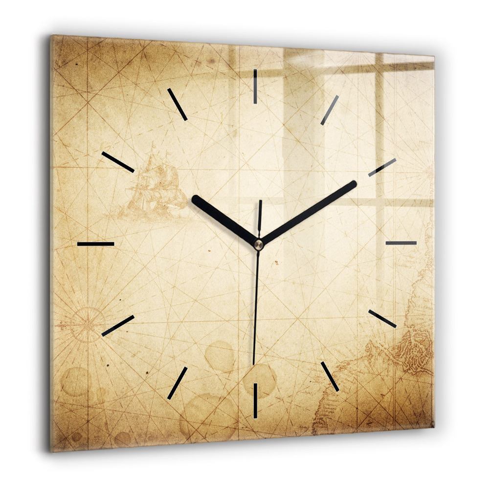 Pendule carrée en verre 60x60 cm Ancienne carte du monde