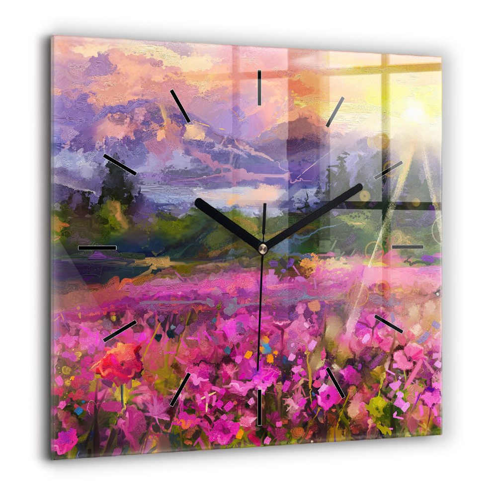 Horloge carrée en verre 60x60 cm Prairie au coucher du soleil