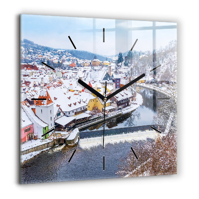 Horloge carrée en verre 60x60 cm Panorama de la ville en hiver