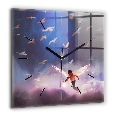 Pendule carrée en verre 60x60 cm Garçon avec des ailes