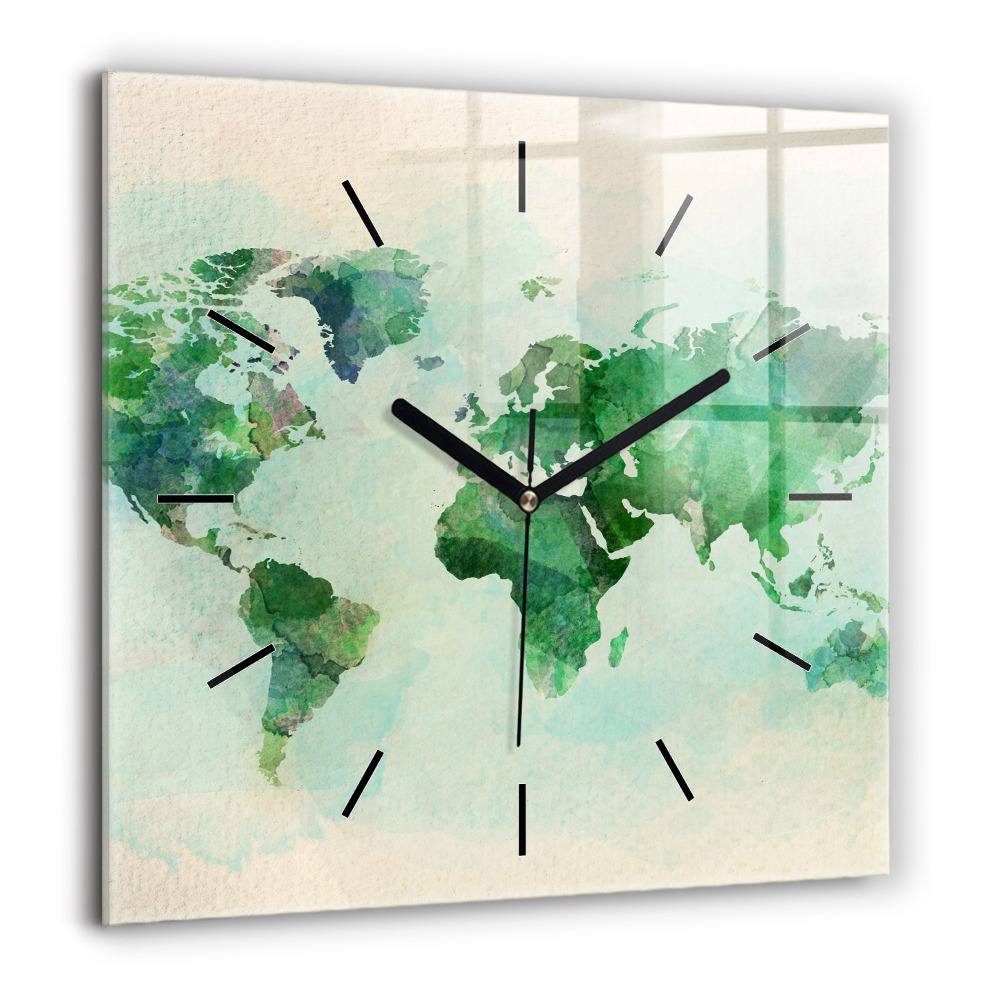 Horloge carrée en verre 60x60 cm Aquarelle carte du monde