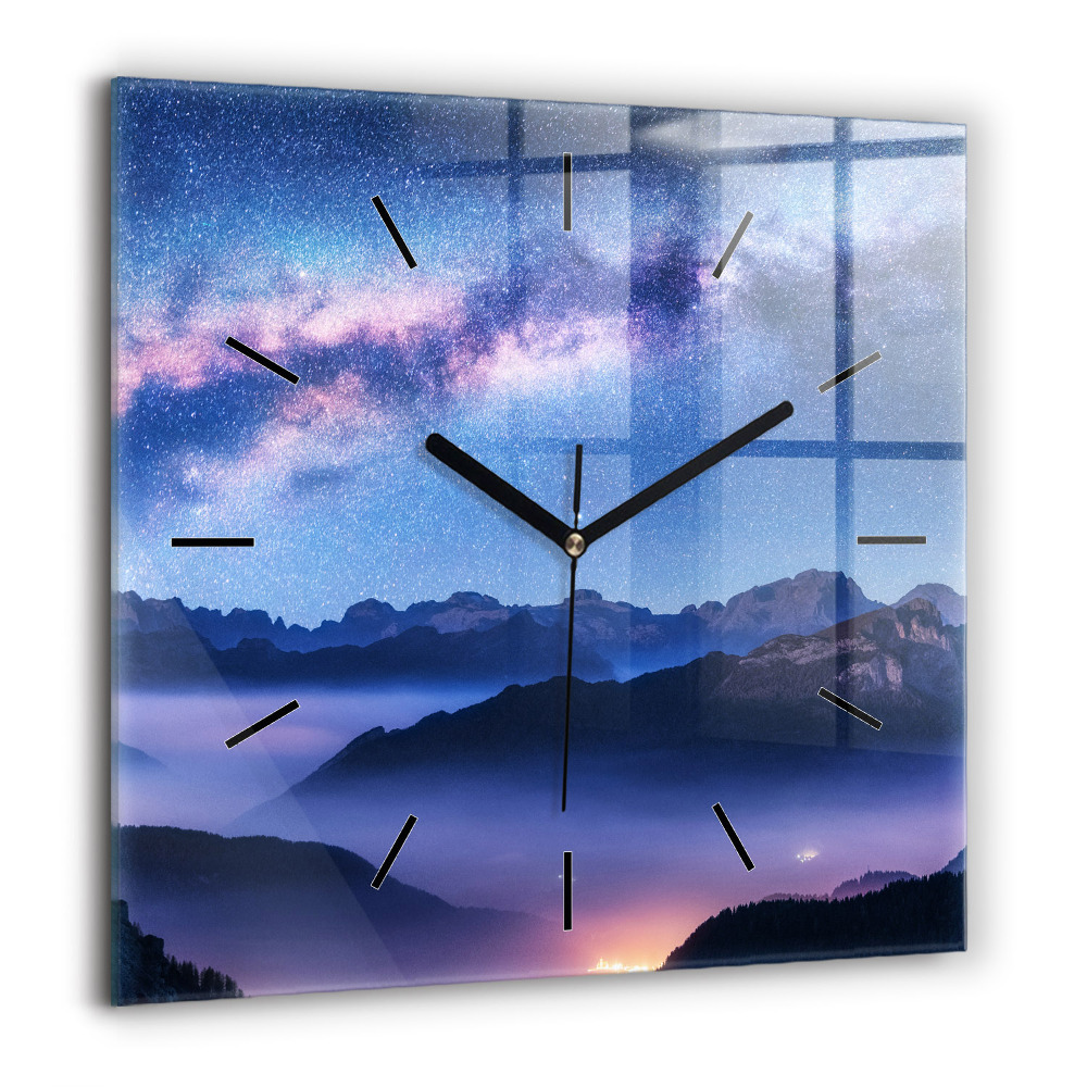 Pendule carrée en verre 60x60 cm Voie lactée et montagnes