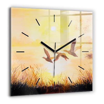 Horloge murale carrée 60x60 cm Grues au coucher du soleil