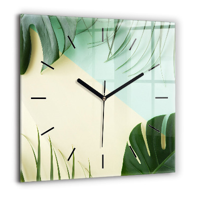 Horloge carrée en verre 60x60 cm Feuilles de monstera