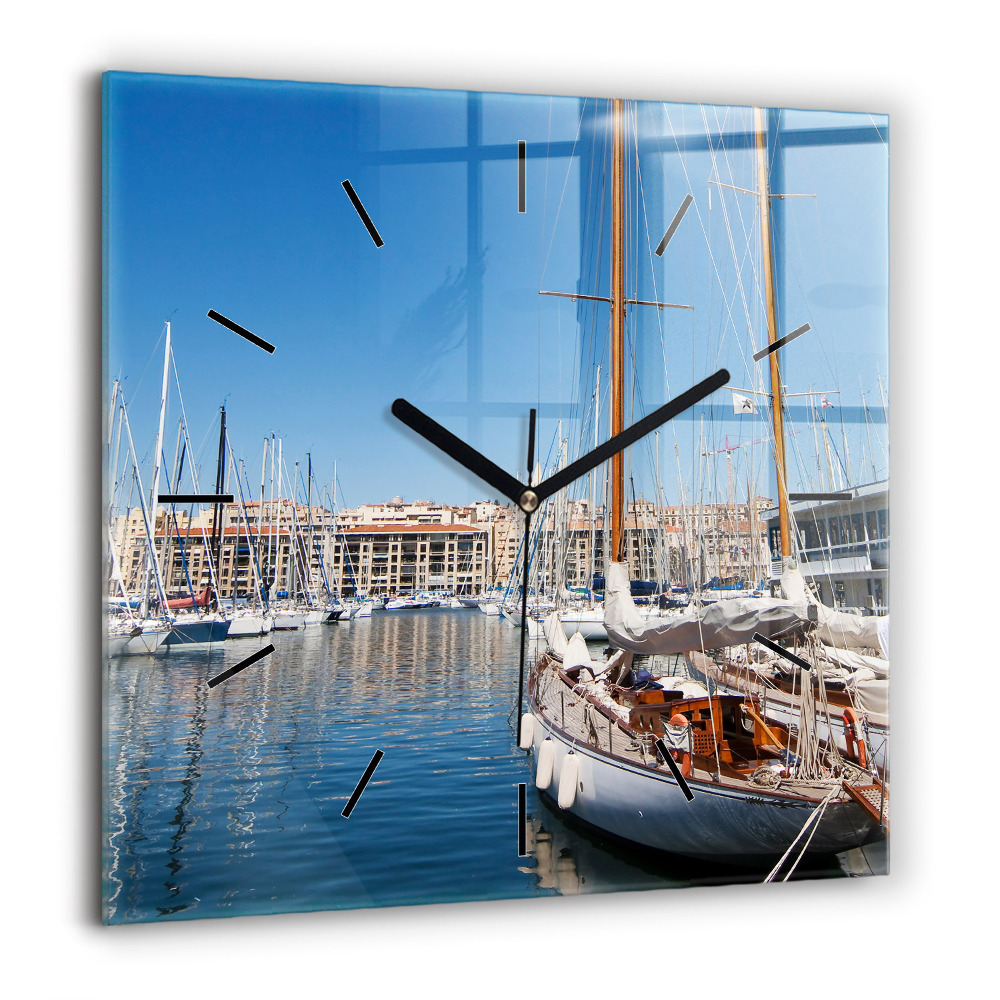 Horloge carrée en verre 60x60 cm Port de plaisance de Marseille France