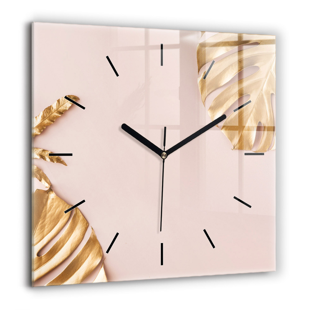 Pendule carrée en verre 60x60 cm Feuilles tropicales dorées