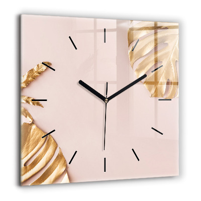 Pendule carrée en verre 60x60 cm Feuilles tropicales dorées