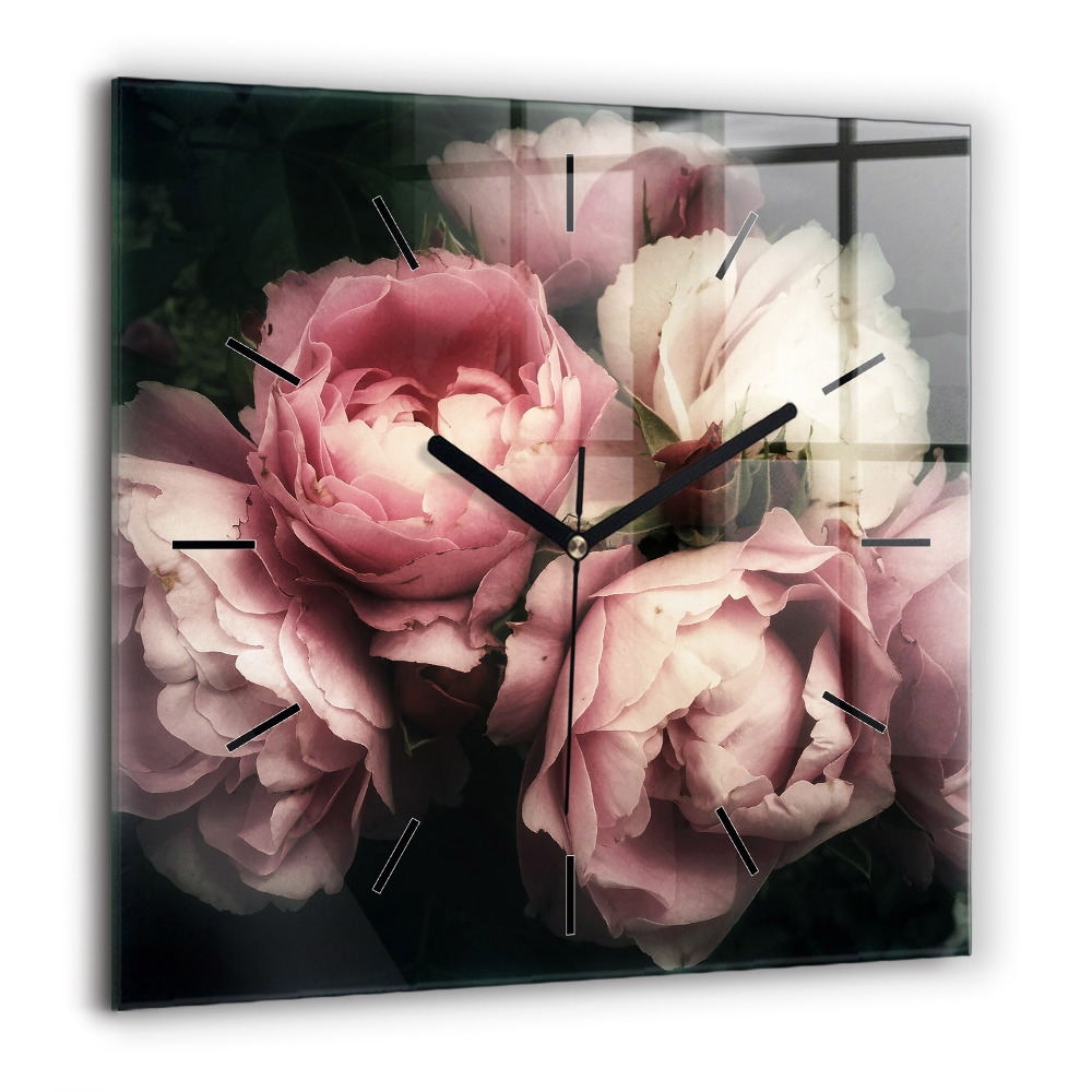 Pendule carrée en verre 60x60 cm Bouquet de roses roses