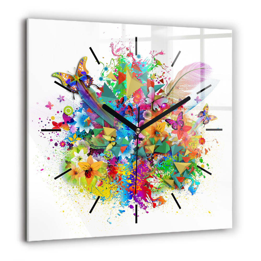 Horloge murale carrée 60x60 cm Harmonie florale avec papillons