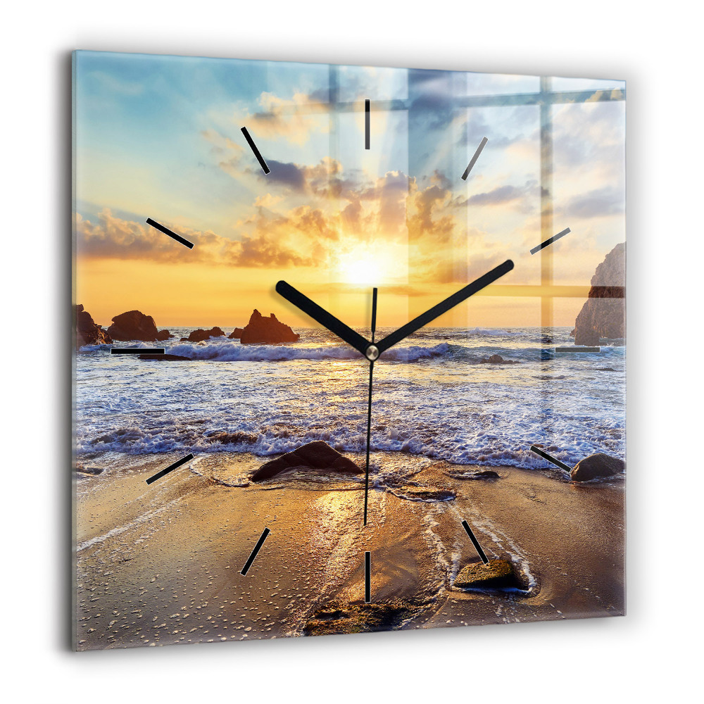 Pendule carrée en verre 60x60 cm Coucher de soleil sur la plage
