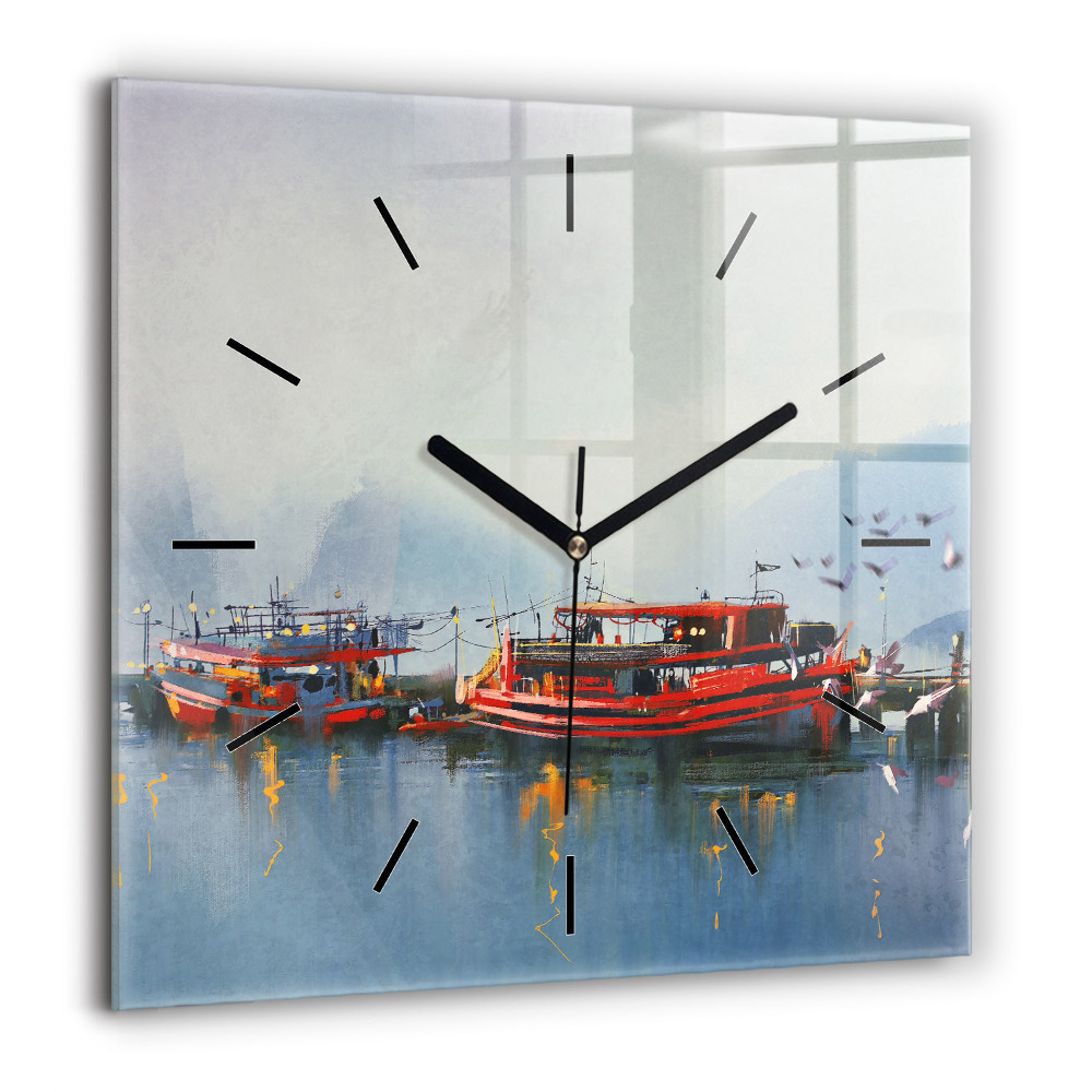 Horloge murale carrée 60x60 cm Bateau de pêche dans le port