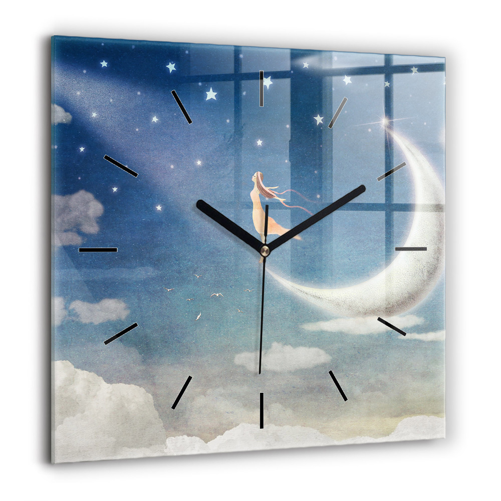 Horloge murale carrée 60x60 cm Fille sur la lune