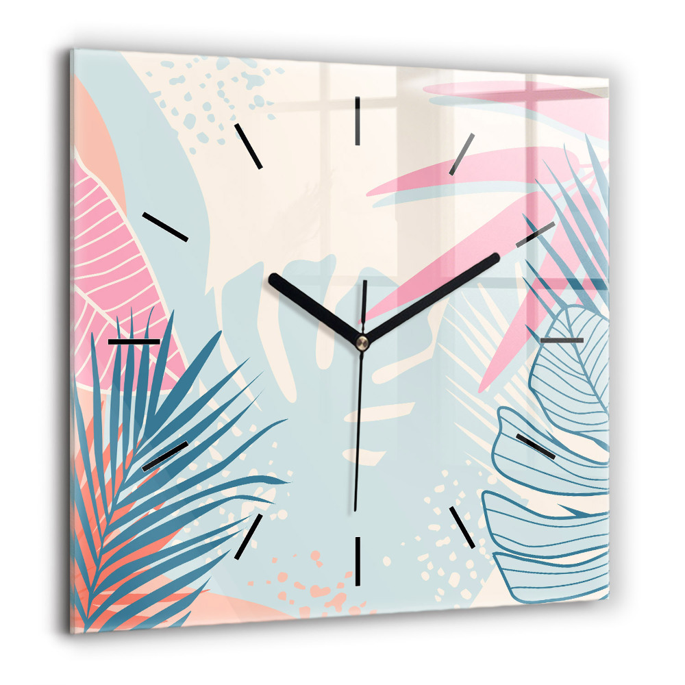 Horloge carrée en verre 60x60 cm Feuilles pastel - tropiques