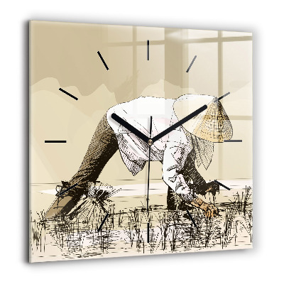 Pendule carrée en verre 60x60 cm Femme cueillant du riz