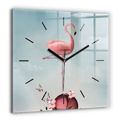 Pendule carrée en verre 60x60 cm Flamant surréaliste