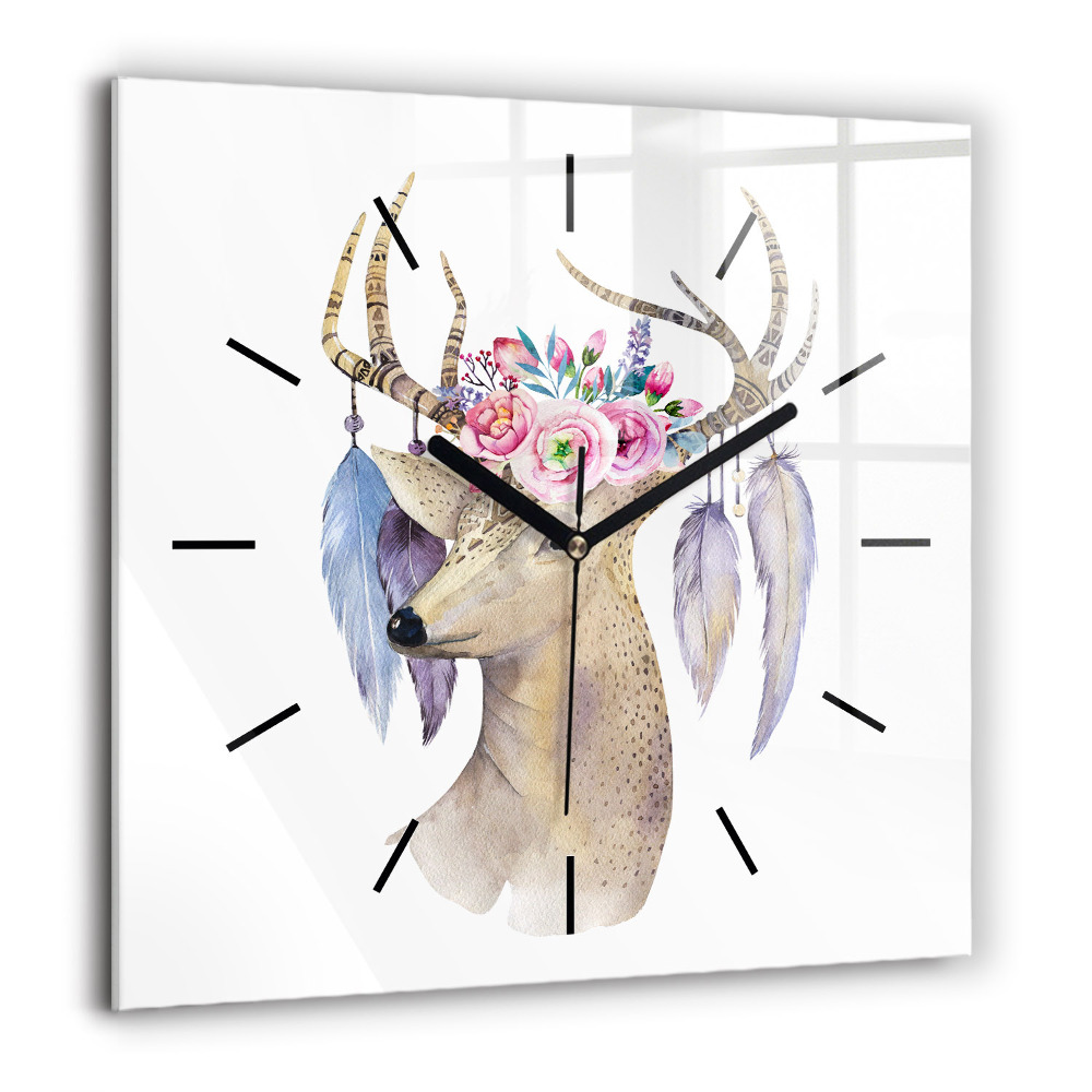 Pendule carrée en verre 60x60 cm Tête de cerf et fleurs