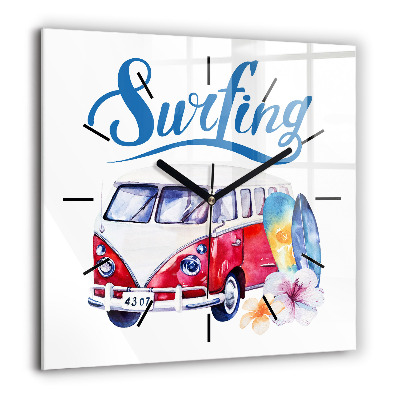 Pendule carrée en verre 60x60 cm Voiture et panneau Surf