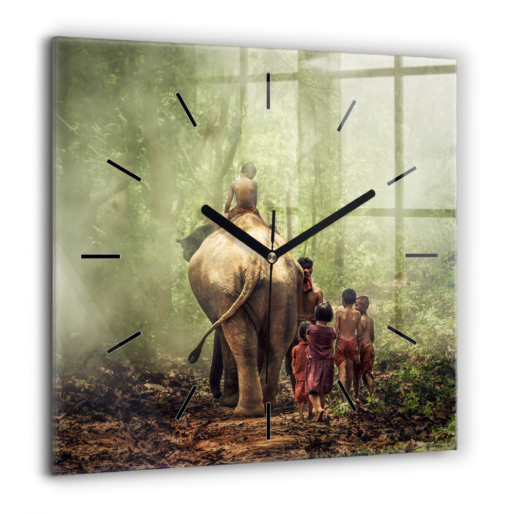 Horloge murale carrée 60x60 cm Enfants guidant un éléphant