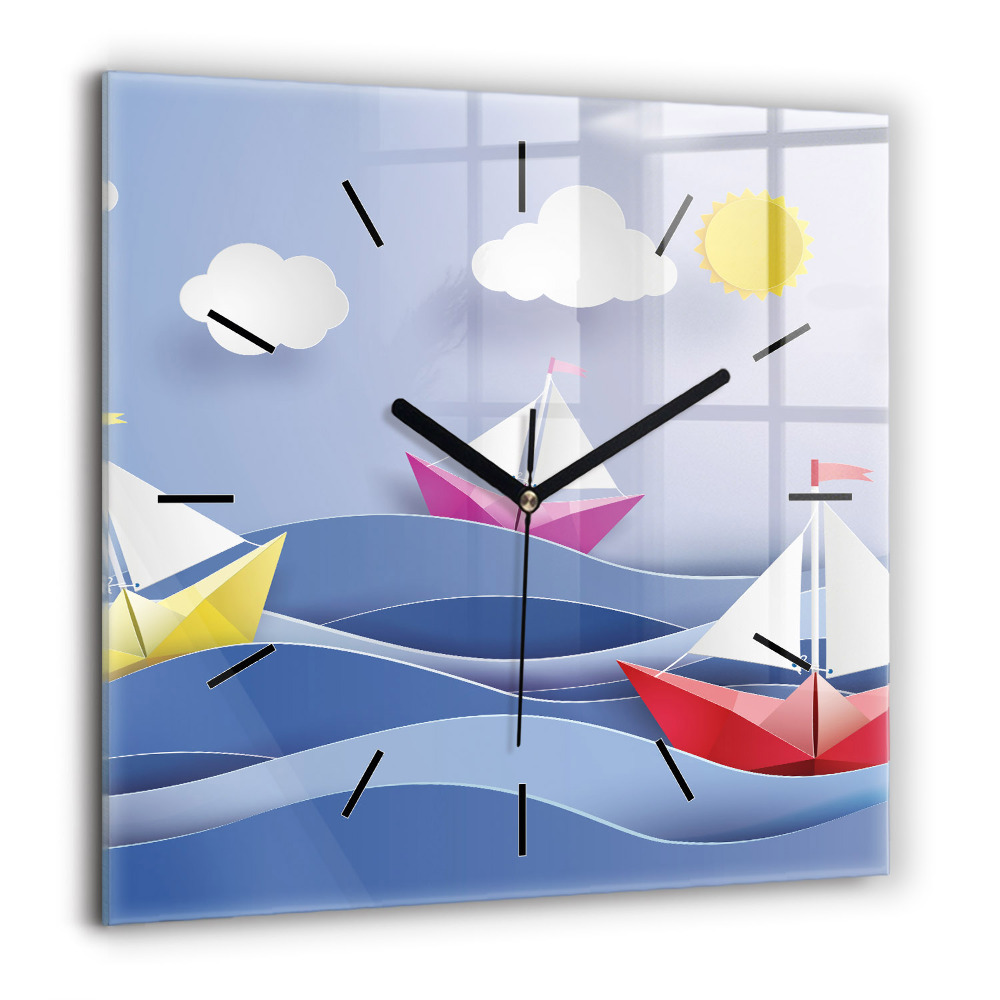 Horloge murale carrée 60x60 cm Voiliers colorés en origami