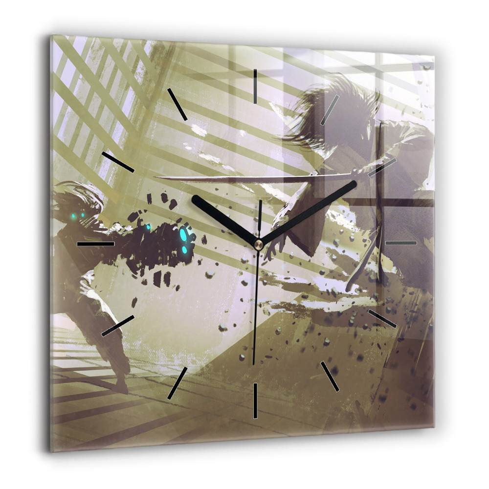 Pendule carrée en verre 60x60 cm Combat entre un robot et un samouraï