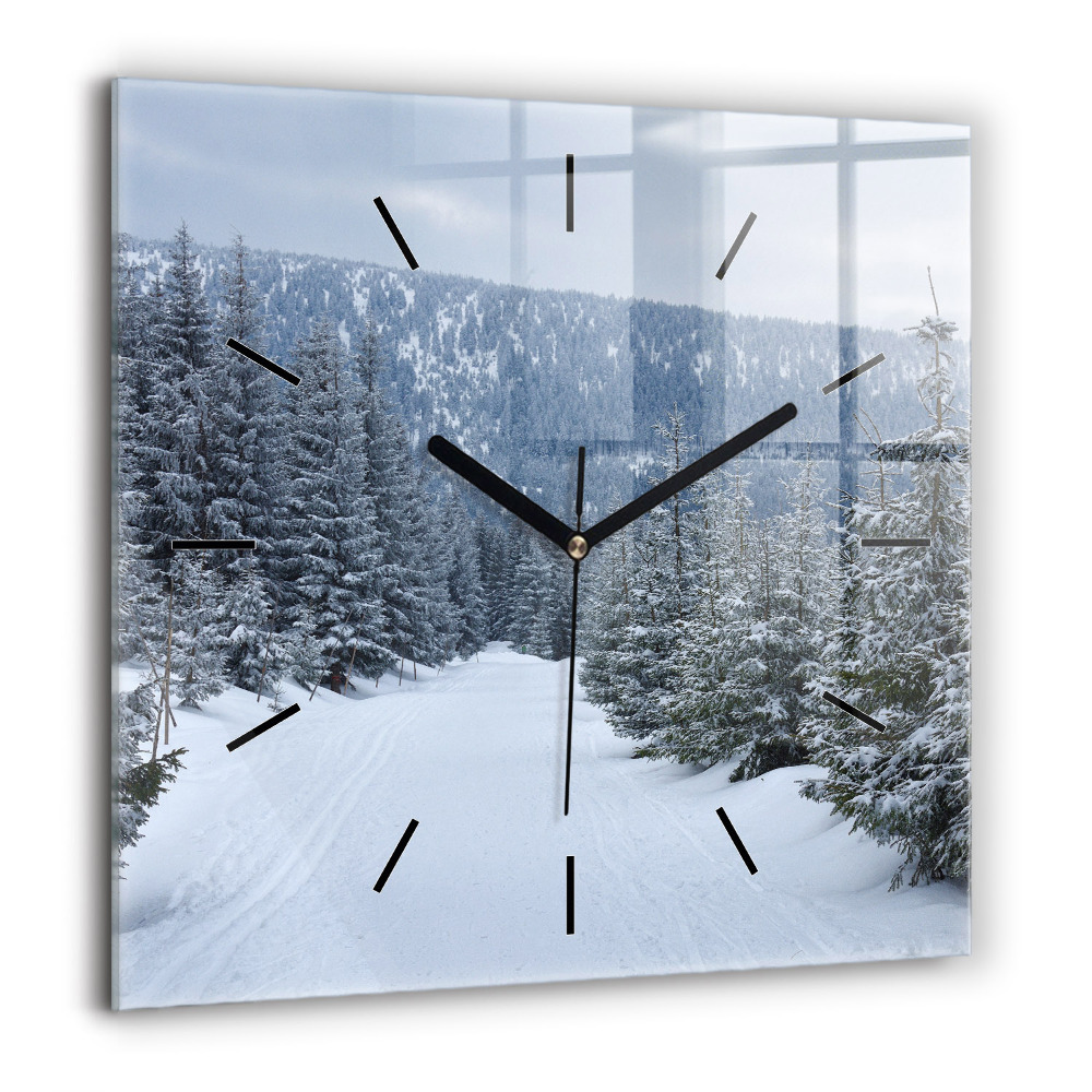 Horloge carrée en verre 60x60 cm Montagnes géantes de Bohême en hiver