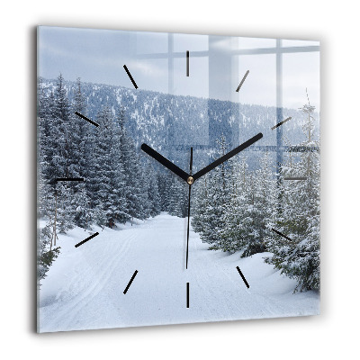 Horloge carrée en verre 60x60 cm Montagnes géantes de Bohême en hiver