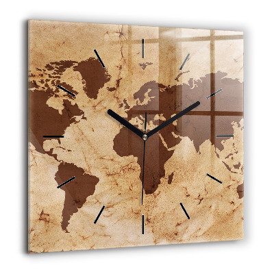 Pendule carrée en verre 60x60 cm Carte du monde d'époque