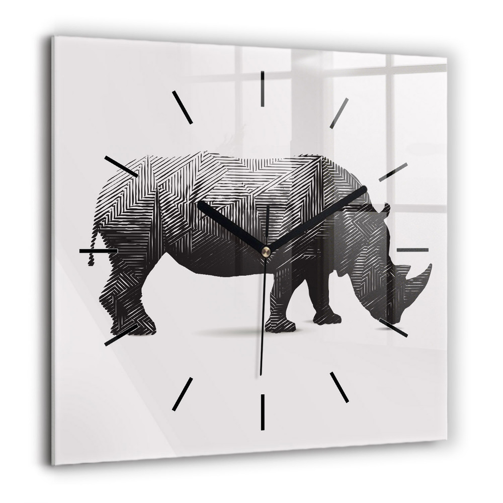 Pendule carrée en verre 60x60 cm Rhinocéros - dessin au trait