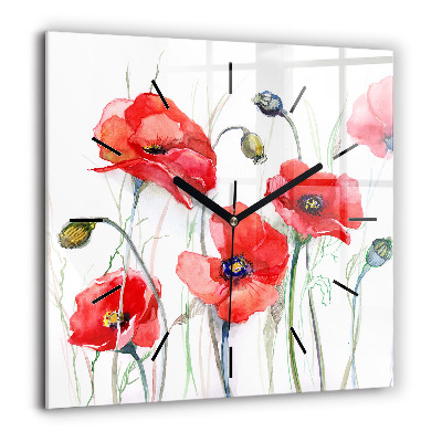 Pendule carrée en verre 60x60 cm Coquelicots rouges peints
