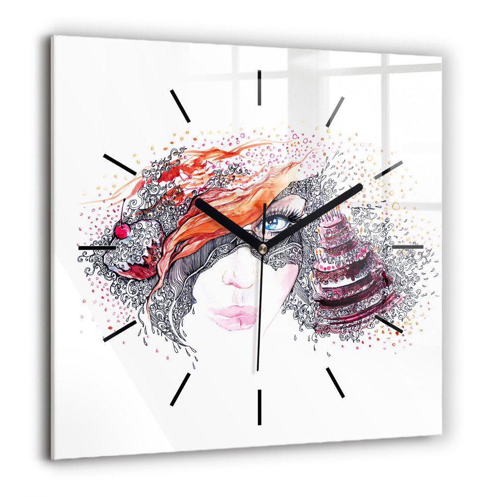 Horloge murale carrée 60x60 cm Femme douce avec un gâteau