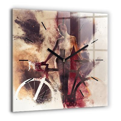 Pendule carrée en verre 60x60 cm Femme et vélo