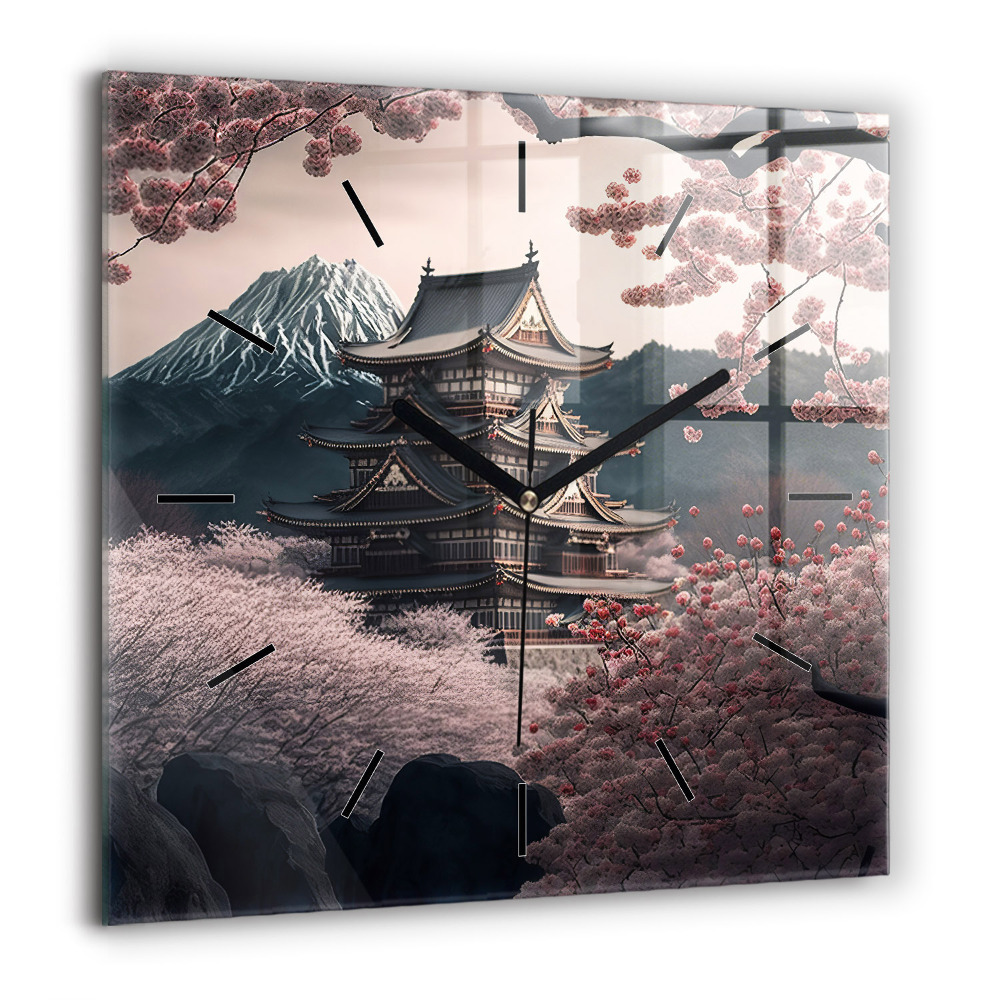 Horloge carrée en verre 60x60 cm Tour et fleurs en Asie