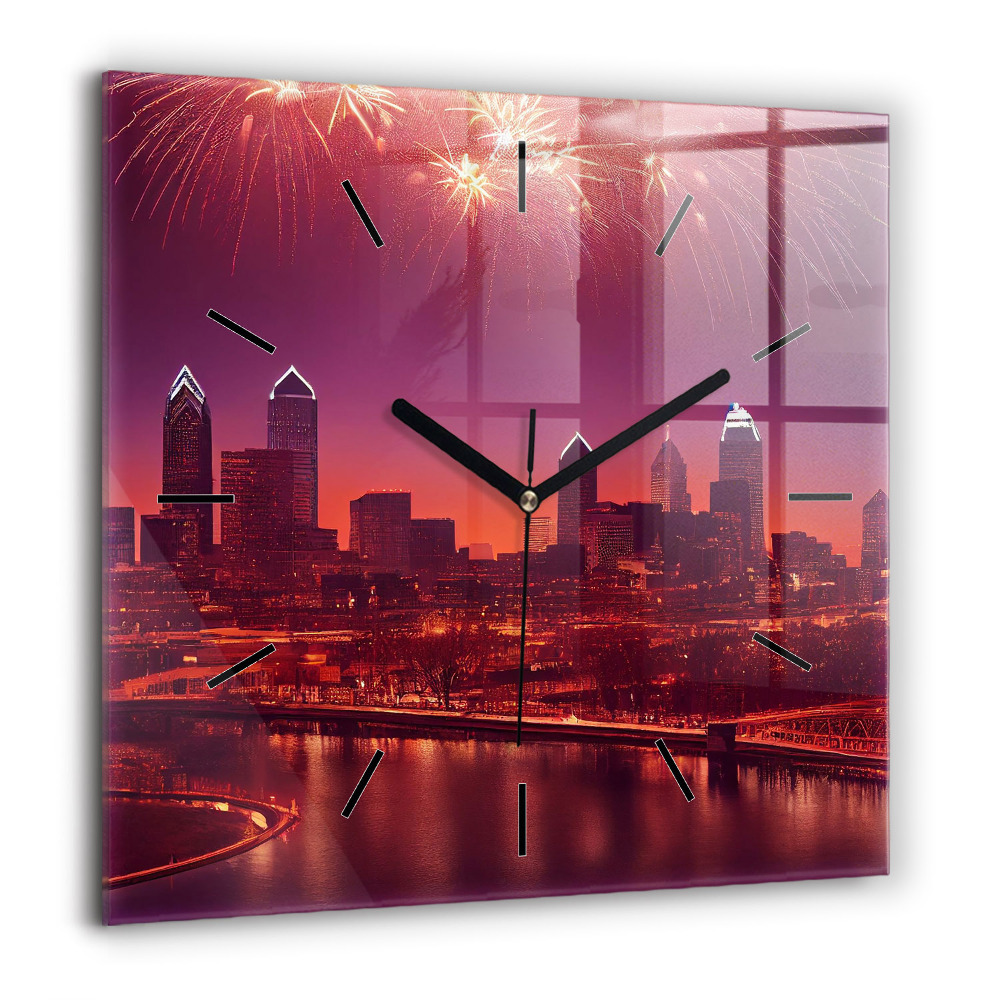 Horloge carrée en verre 60x60 cm Ville de Philadelphie la nuit